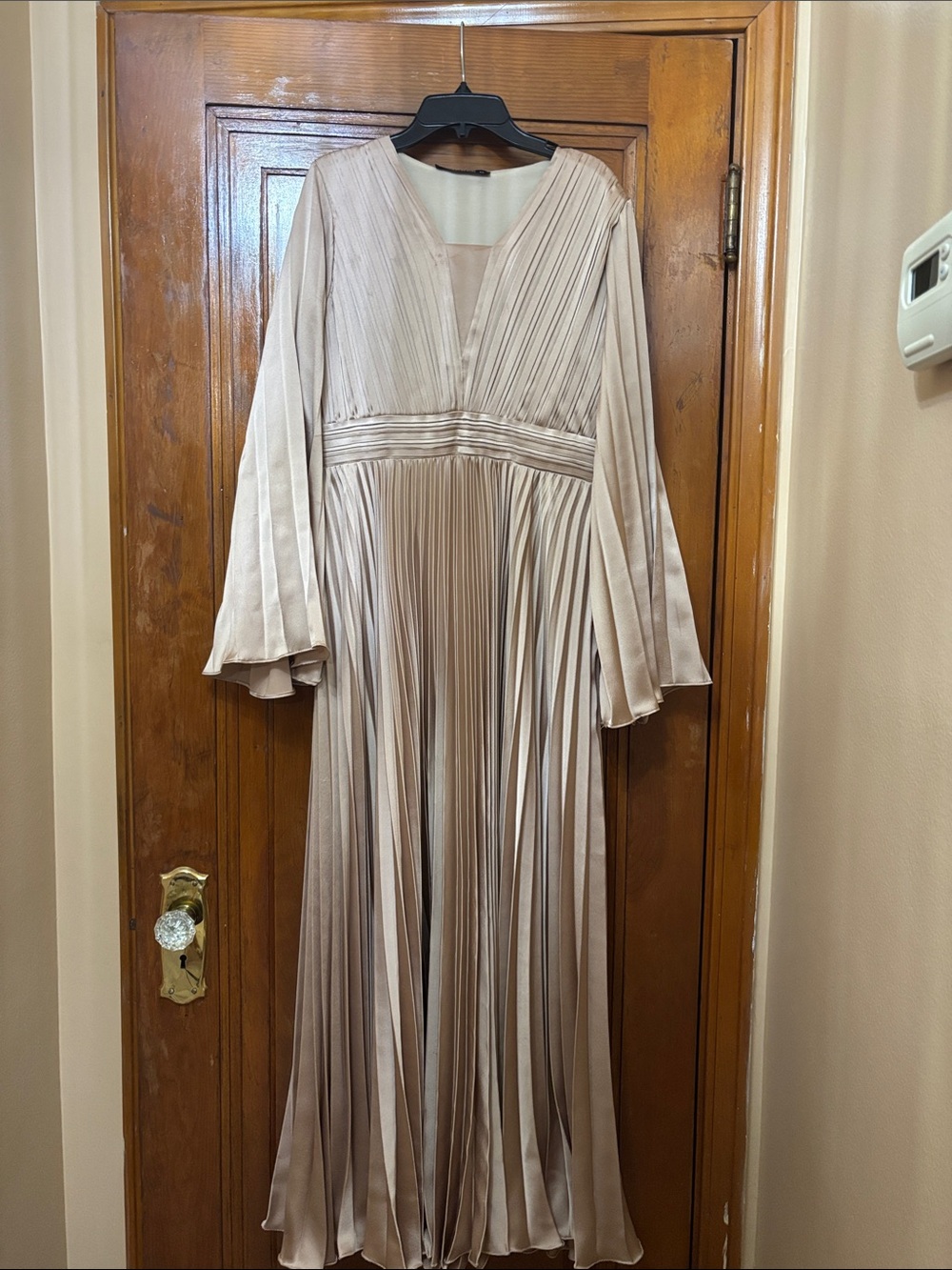 Pleated V-Neck Maxi Dress in Champagne